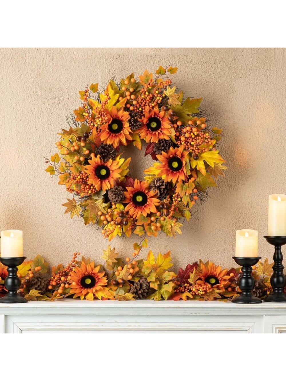 24'' Autumn Wreath for Front Door Decor - Artificial Sunflower, Maple Leaf
